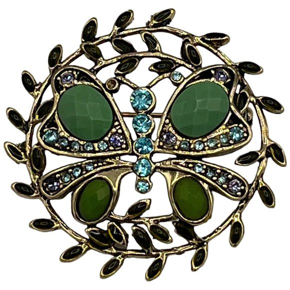 Vtg Monet Multi Colored Rhinestones & Green Faceted Cabochons Butterfly Brooch - Picture 2 of 6